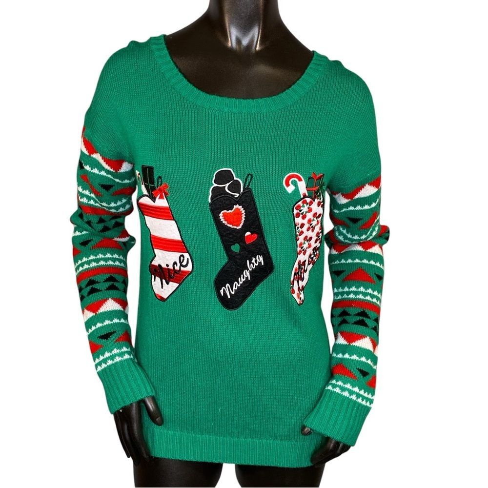 With Love Derek Ugly Christmas Sweater Womens Size Large w Christmas Stockings